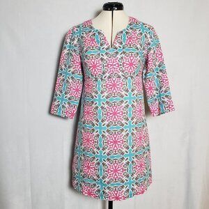 Boden Linen Tunic Shift Dress Multicolor Woodblock 3/4 Sleeve Size 4P
